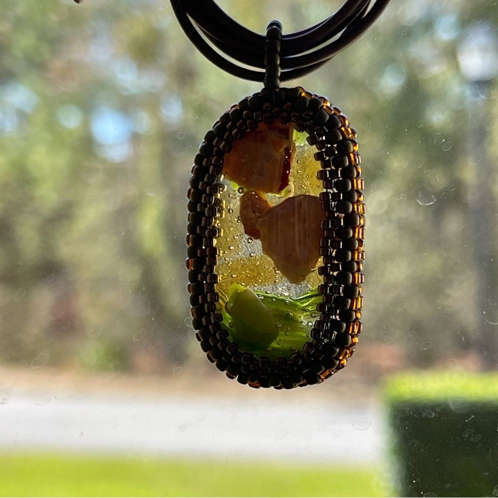 Cookie Lee Necklace Green Glass Pendant Corded Seed Bead Boho Brown